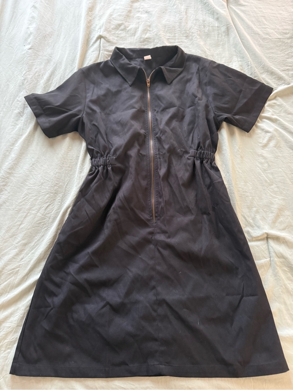 Black Short-Sleeve Zip-Front Mini Dress